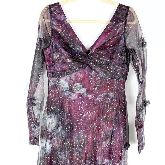 Marchesa Gown 3D Floral Purple Black Printed Organza Foiled Long Sleeve Sz 6 - Picture 6 of 13